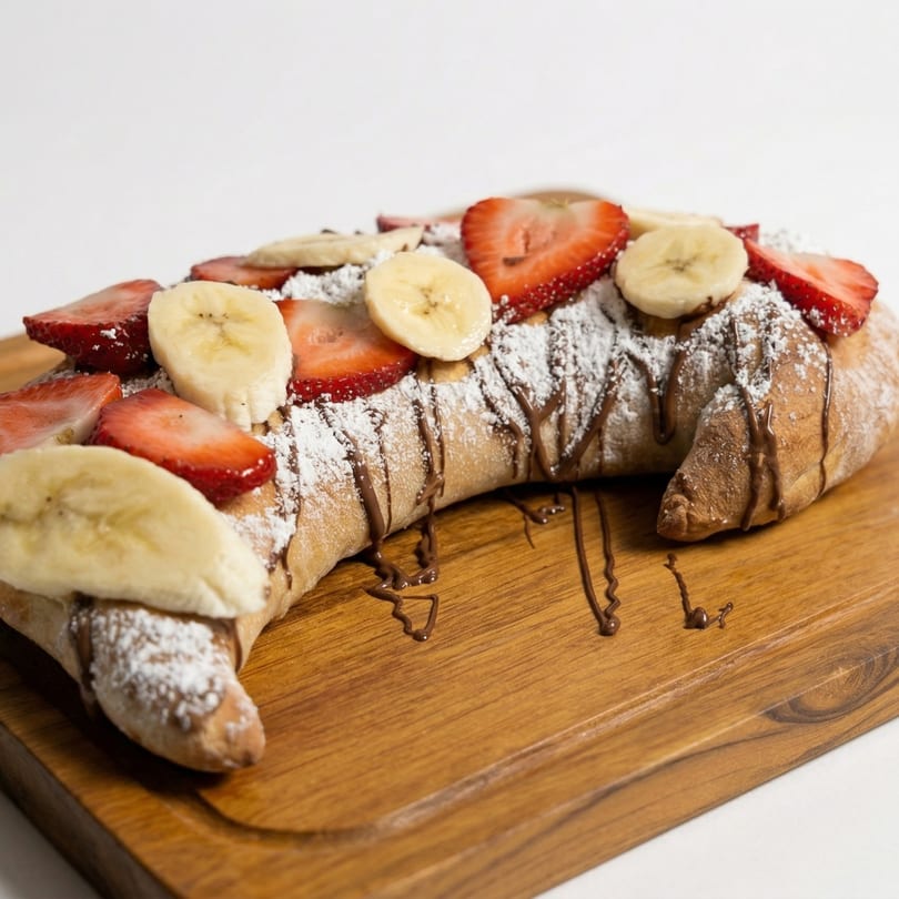 A large croissant topped with sliced strawberries, bananas, powdered sugar, and chocolate drizzle on a wooden board.