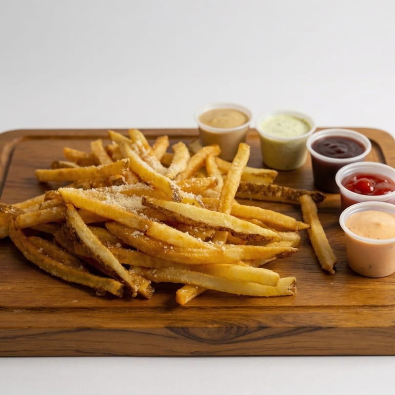 Golden french fries with parmesan cheese and five dipping sauces on a wooden board.