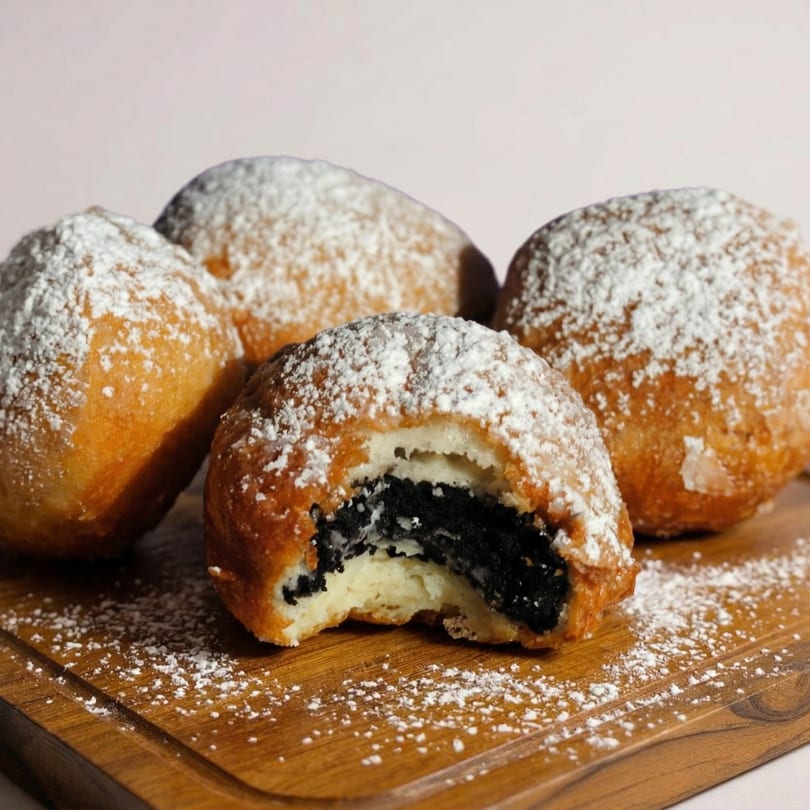 Four powdered sugar-dusted fried desserts on a wooden board, one revealing an Oreo cookie filling.
