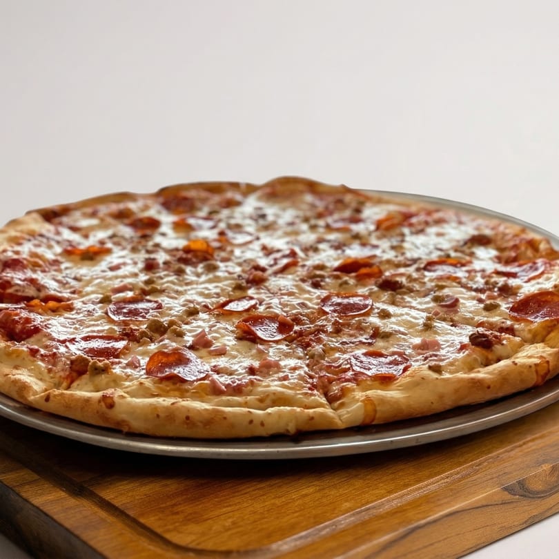 A large, uncut meat lover's pizza with pepperoni, sausage, and ham on a metal pan.