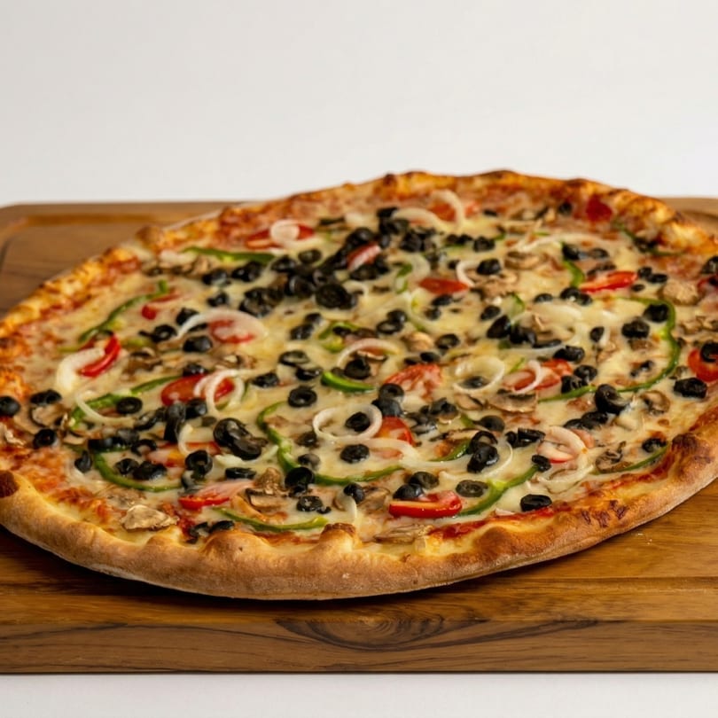 A whole pizza with black olives, green peppers, onions, and mushrooms on a wooden board.